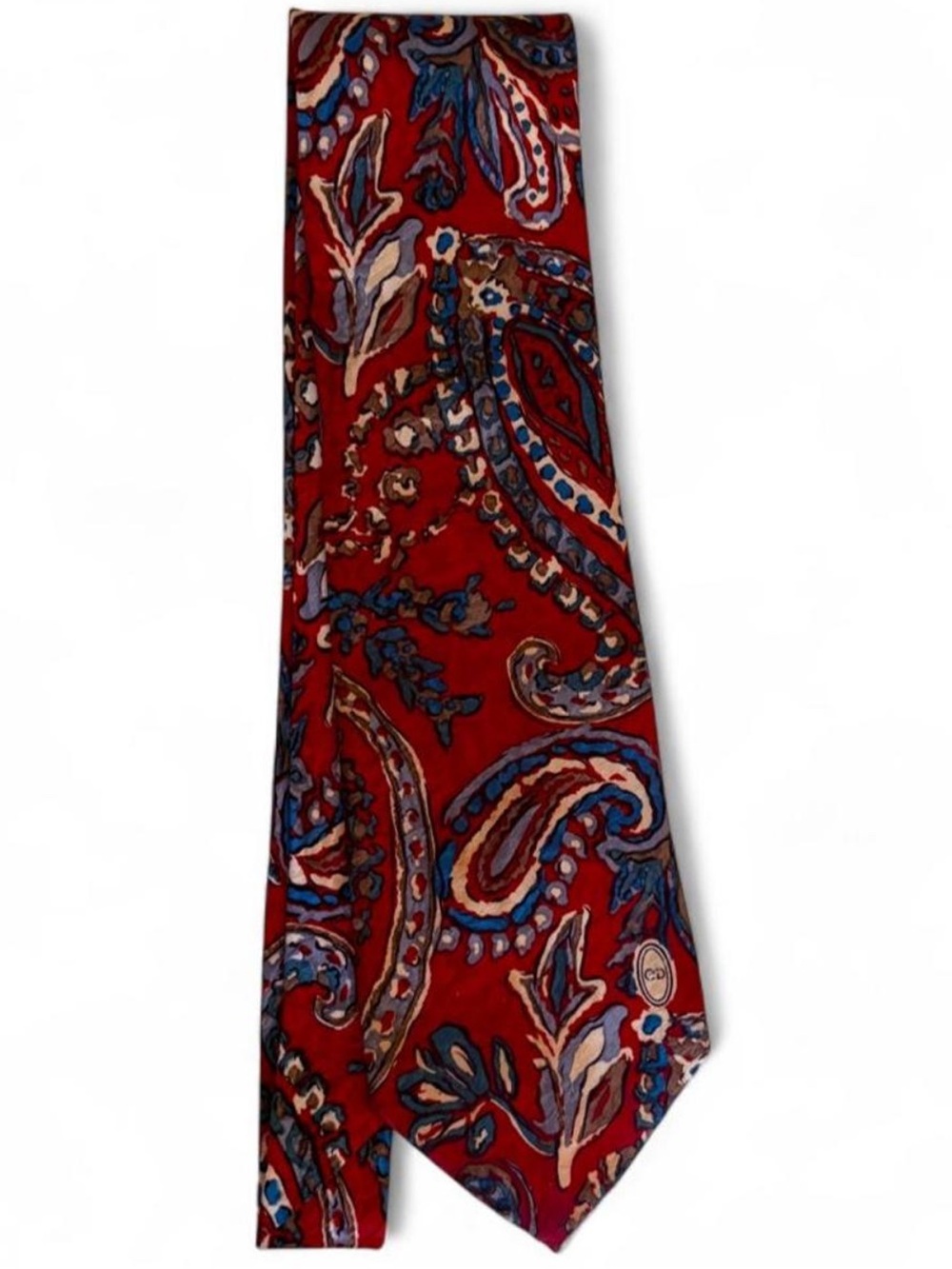 Dior Red Paisley Silk Tie with Blue and Cream Motifs